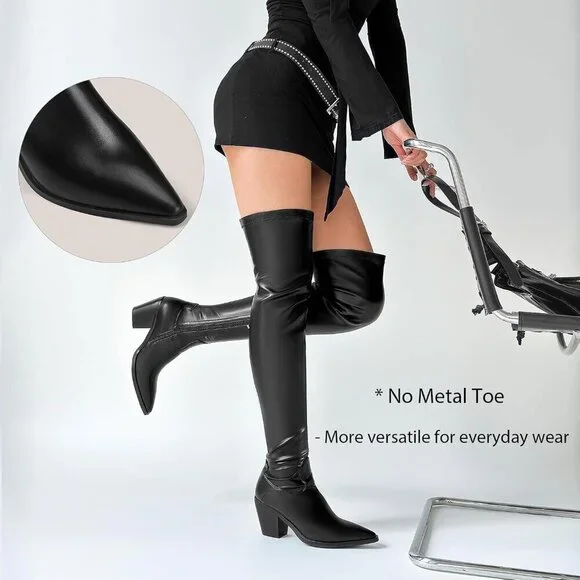 Women Black-1 Synthetic Thigh High Slim Calf Block Chunky Heel Pointed Toe Boots - Picture 6 of 9